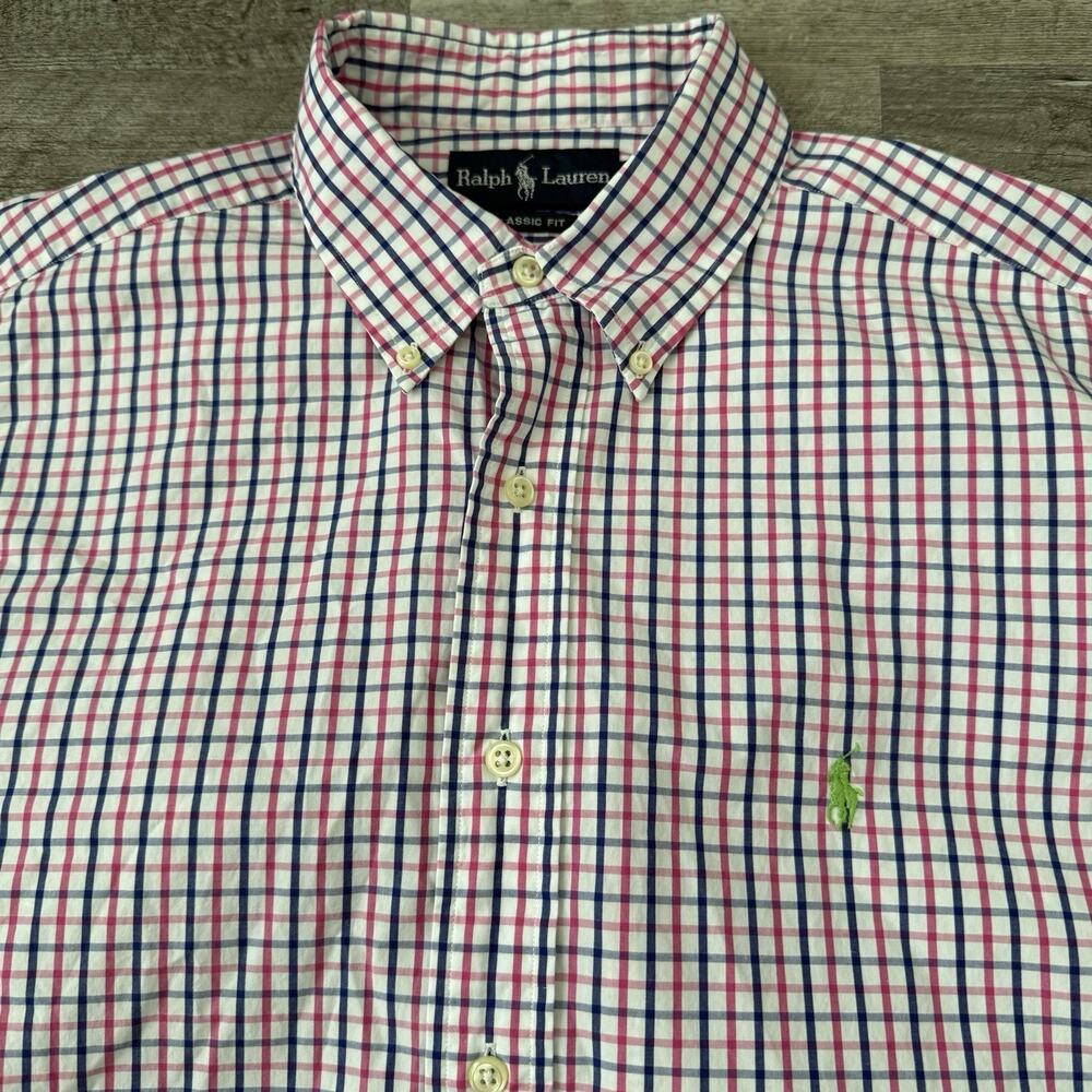 Ralph Lauren Shirt Mens 16.5 34/35 Pink Blue Check Plaid Button Up Classic Fit